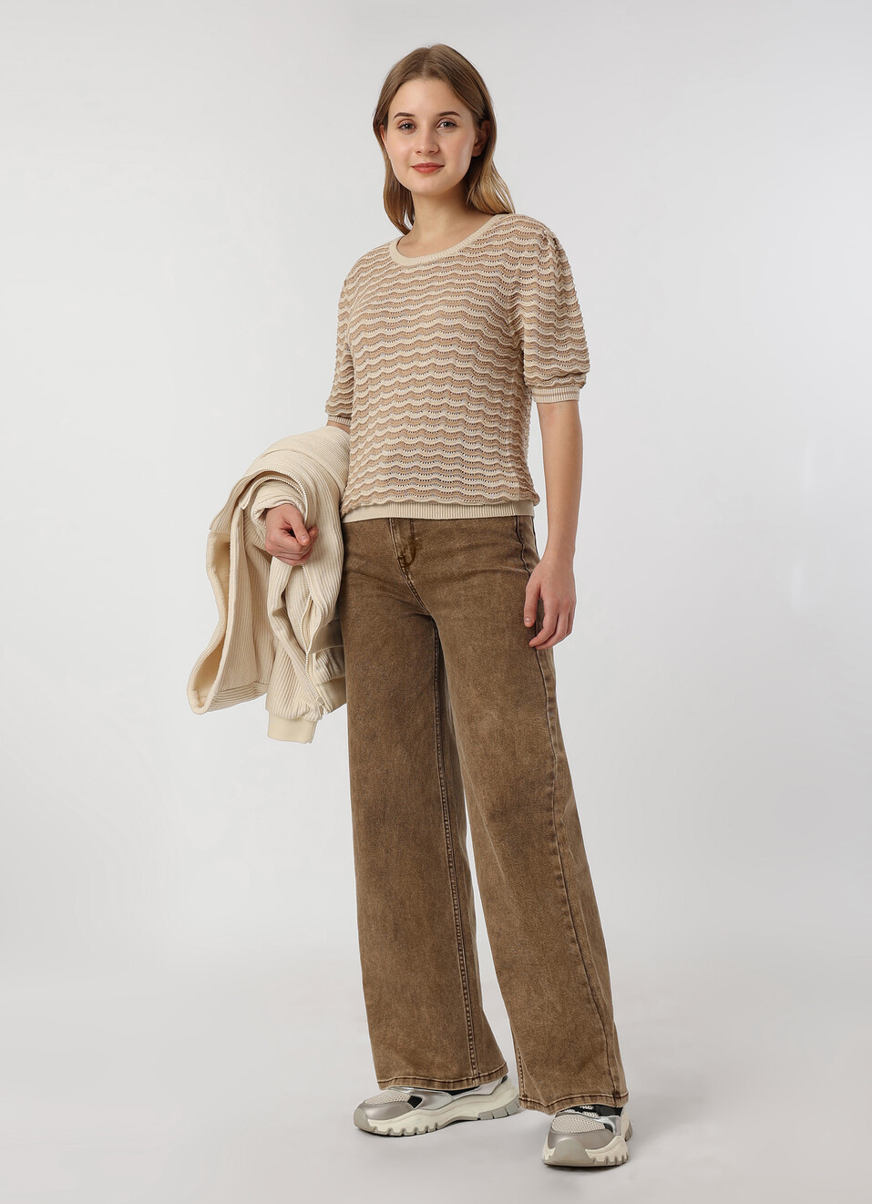 Women Beige Textured Stripe Knit Short Sleeve Flat Knit, , large image number 5