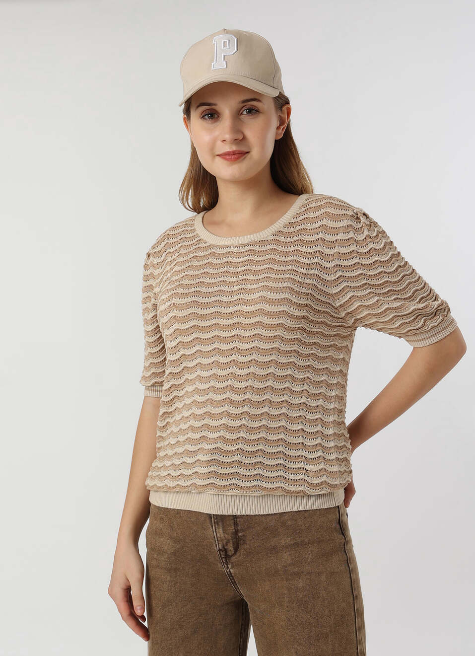 Women Beige Textured Stripe Knit Short Sleeve Flat Knit, , large image number 0