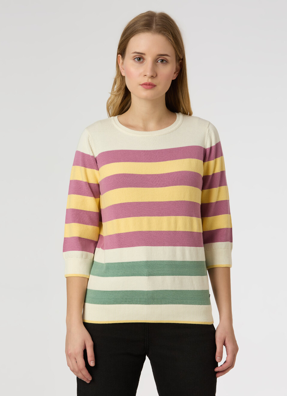 Women Yellow Stripe 3/4 Sleeve Flat Knit Top, , large image number 1