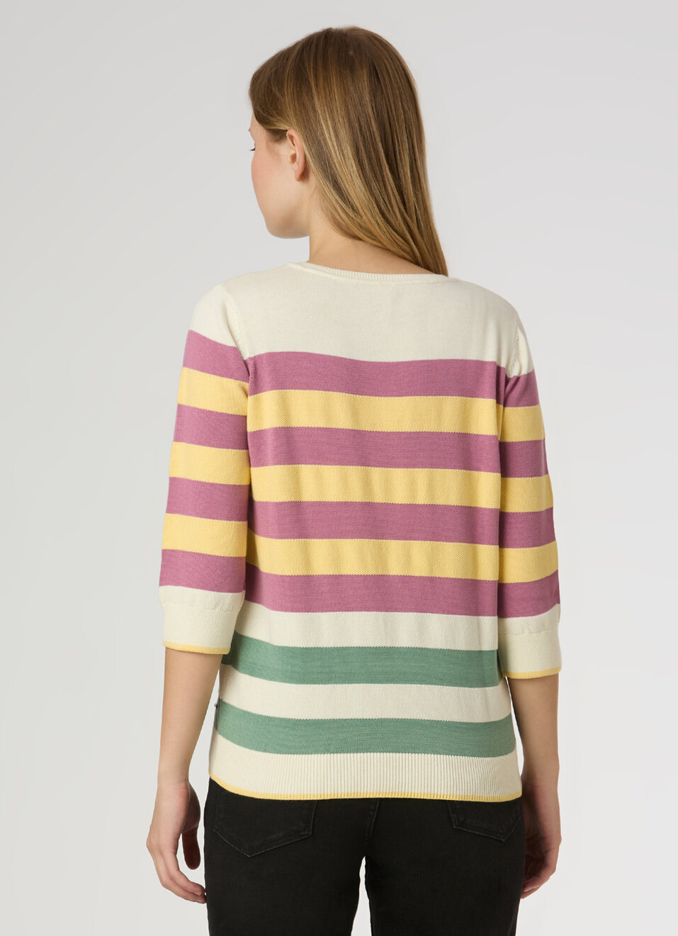 Women Yellow Stripe 3/4 Sleeve Flat Knit Top, , large image number 2