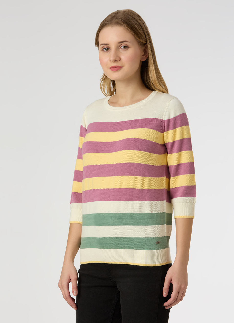 Women Yellow Stripe 3/4 Sleeve Flat Knit Top, , large image number 3