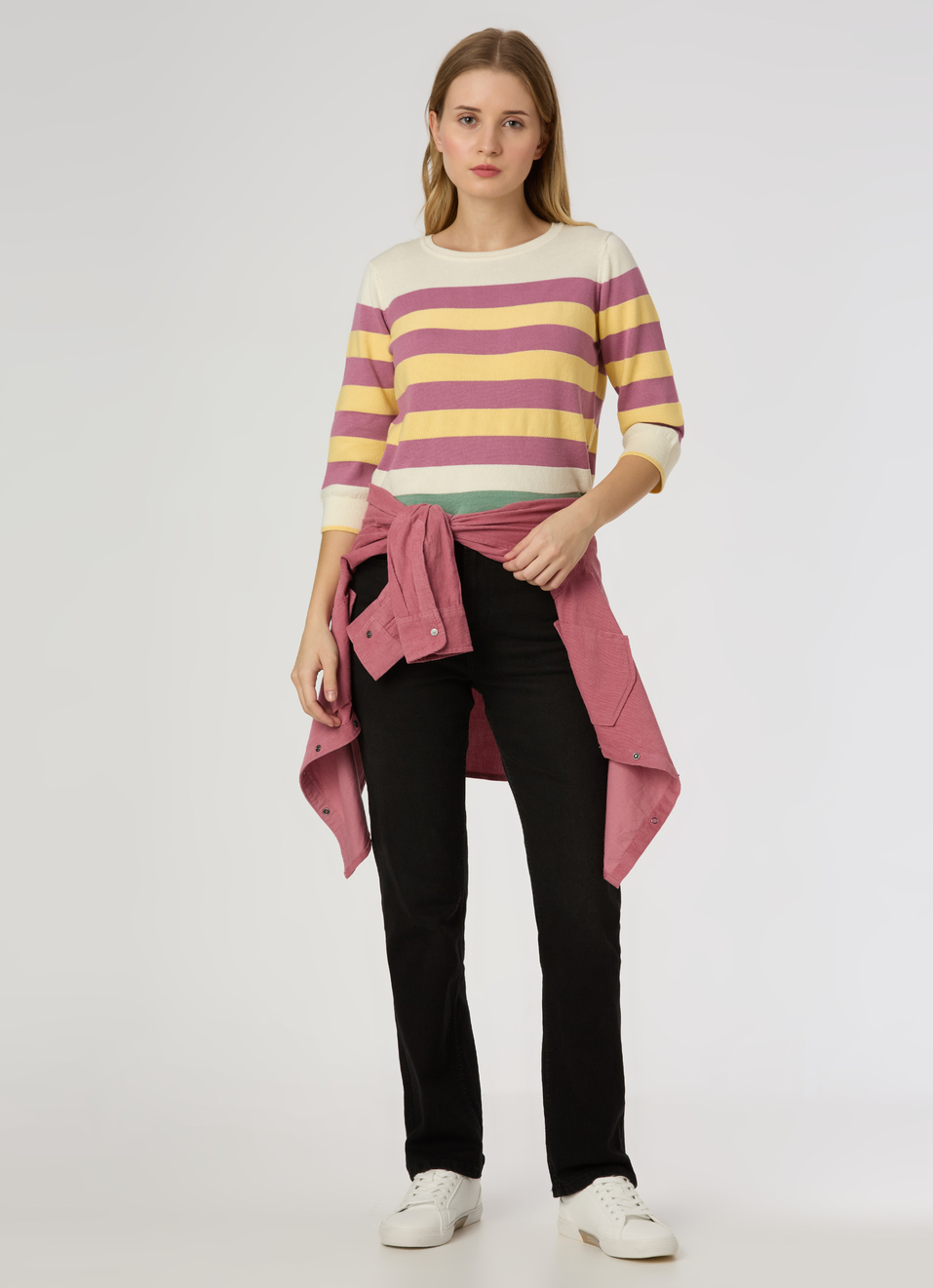 Women Yellow Stripe 3/4 Sleeve Flat Knit Top, , large image number 5