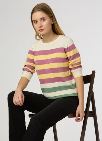 Women Yellow Stripe 3/4 Sleeve Flat Knit Top