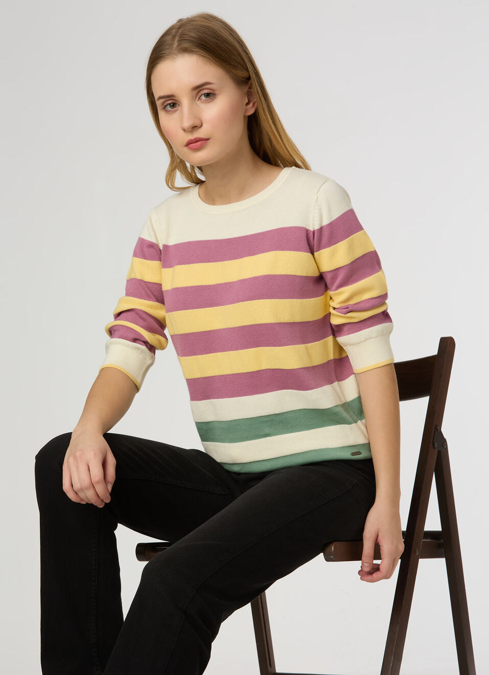 Women Yellow Stripe 3/4 Sleeve Flat Knit Top, , large image number 0