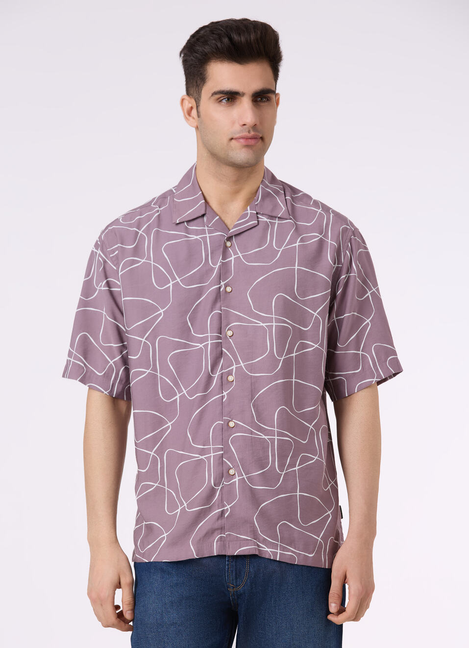 Men Purple Abstract Print Relaxed Fit Resort Collar Short Sleeve Shirt, , large image number 1