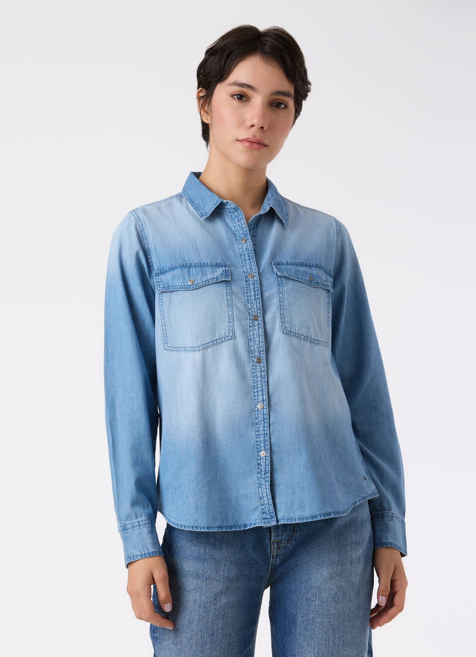 Women Light Blue Dual Flap Pockets Denim Shirt, , large image number 1