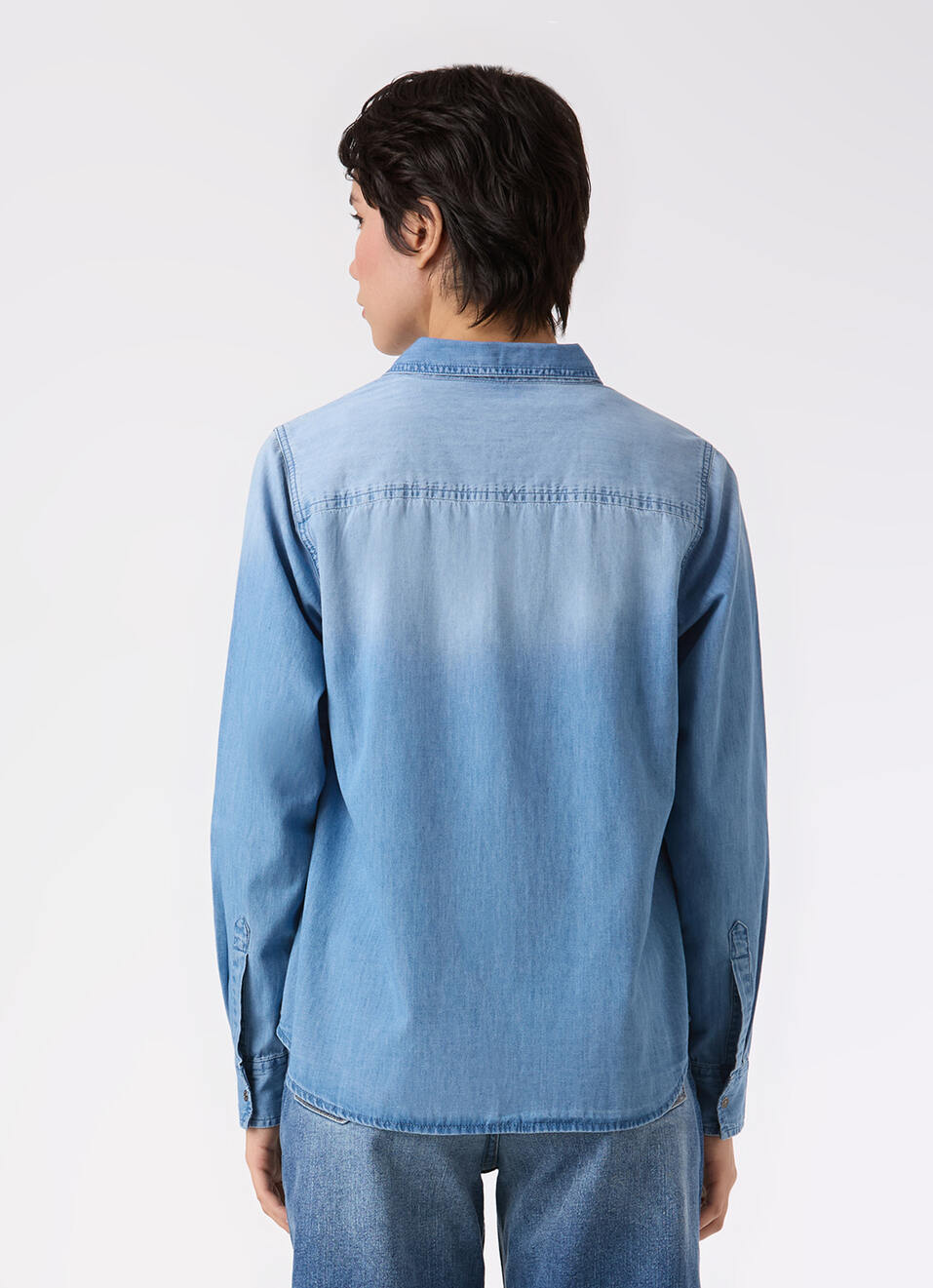 Women Light Blue Dual Flap Pockets Denim Shirt, , large image number 2