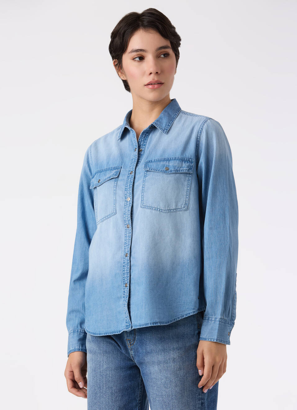 Women Light Blue Dual Flap Pockets Denim Shirt, , large image number 3