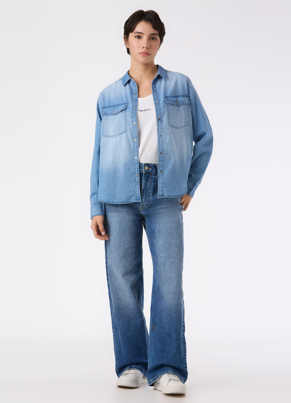 Women Light Blue Dual Flap Pockets Denim Shirt, , large image number 5