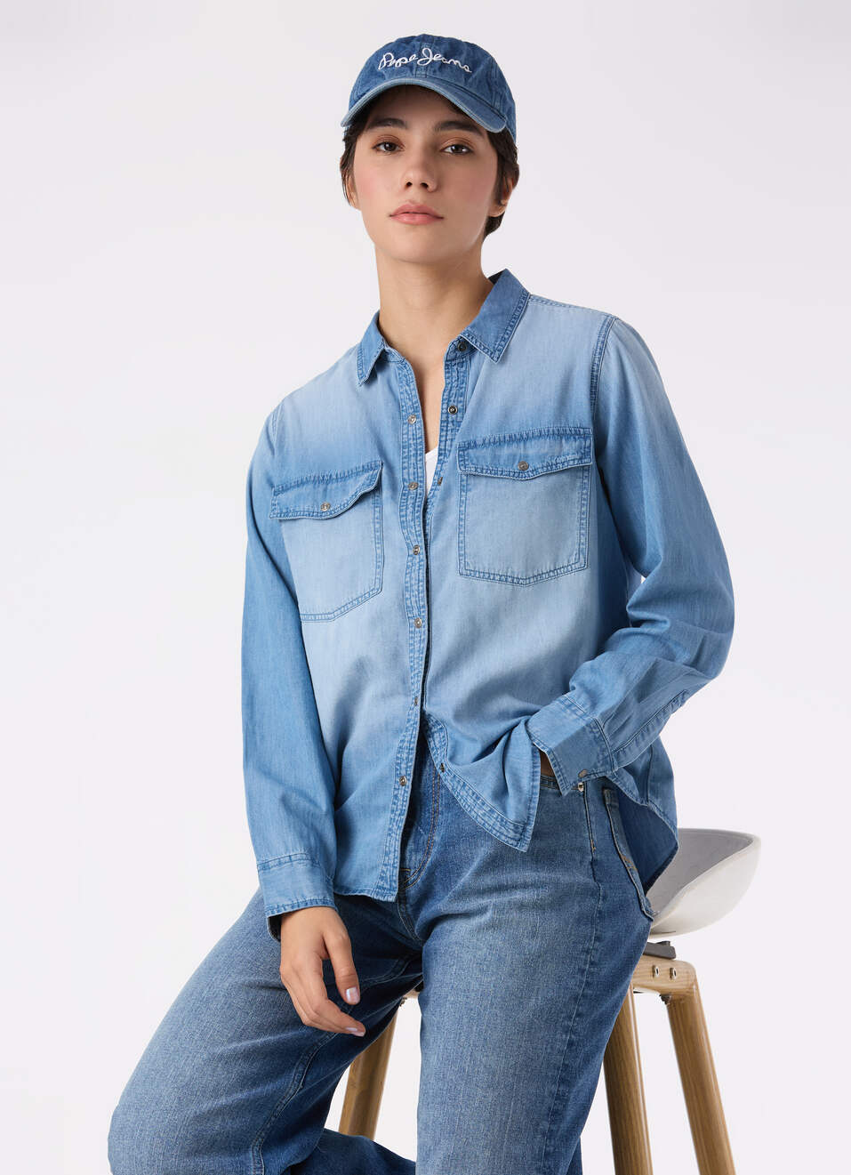 Women Light Blue Dual Flap Pockets Denim Shirt, , large image number 0