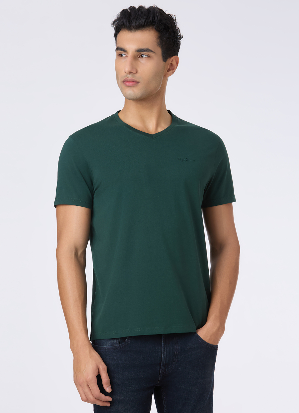Men Green V Neck Short Sleeve T-shirt, , large image number 1