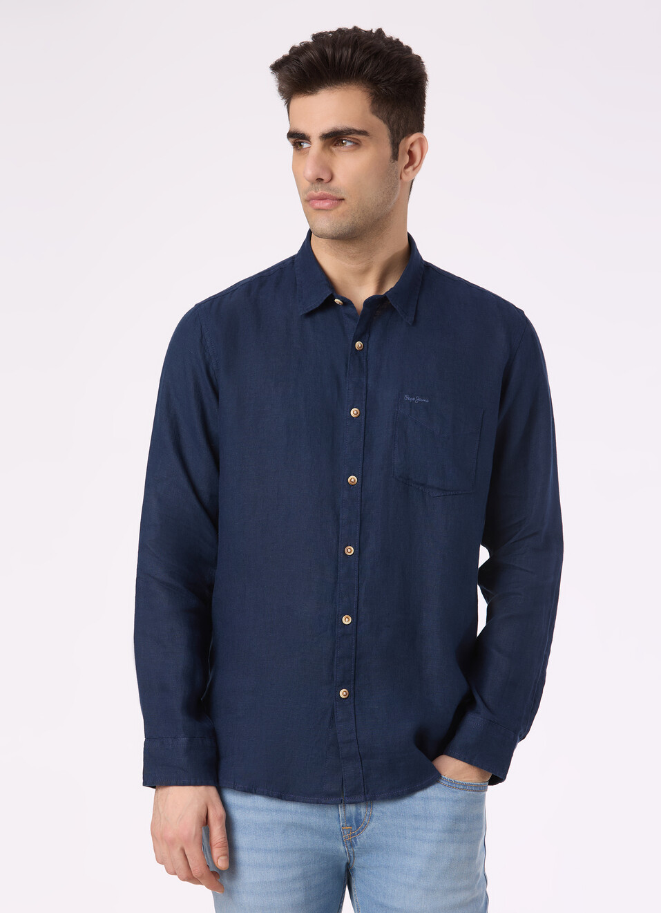Men Blue Pure Linen Full Sleeve Shirt, , large image number 1