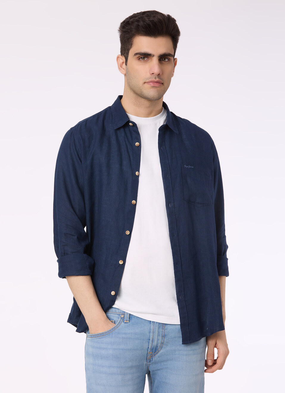 Men Blue Pure Linen Full Sleeve Shirt, , large image number 0