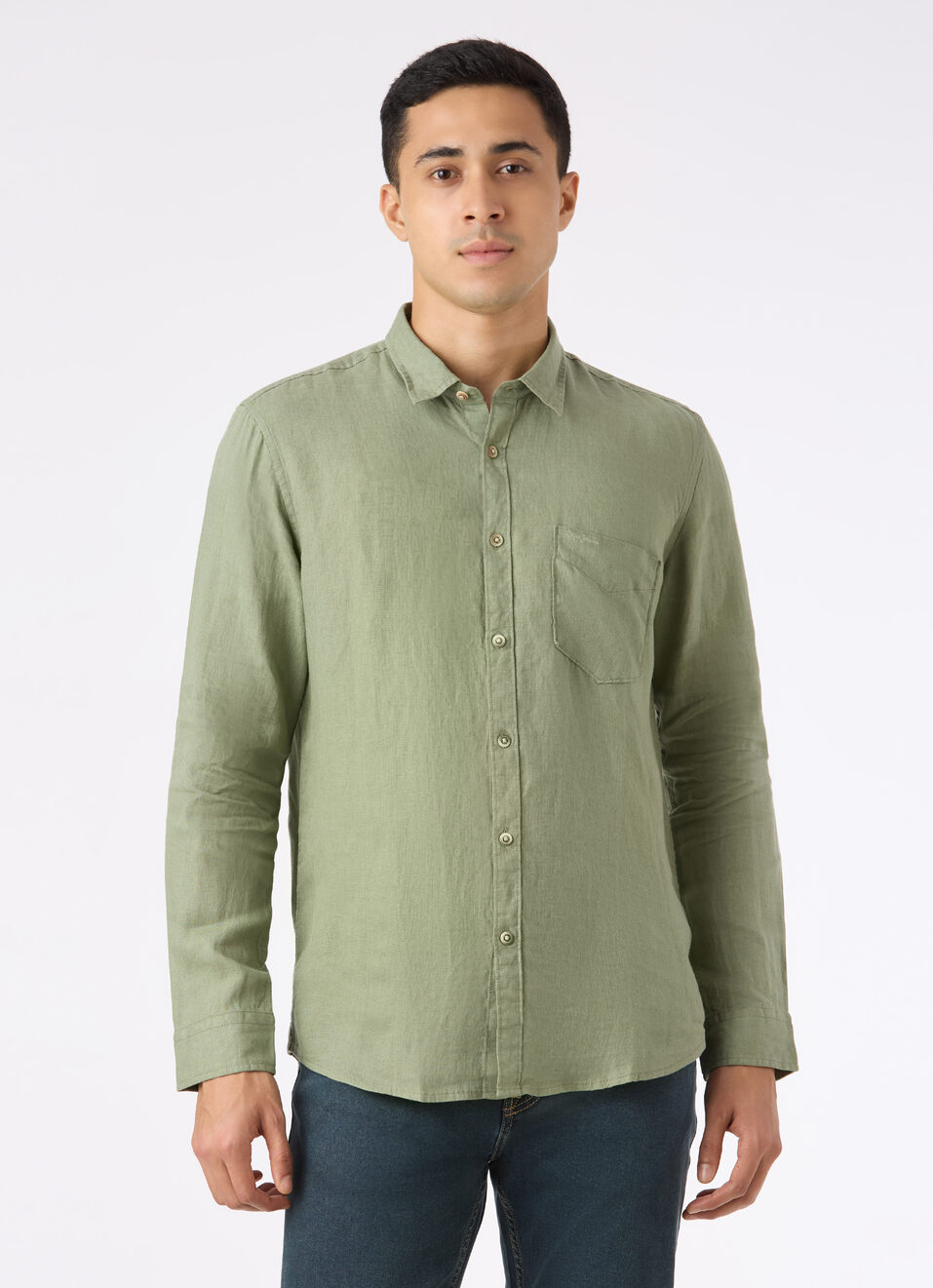 Men Sage Green Pure Linen Full Sleeve Shirt, , large image number 1