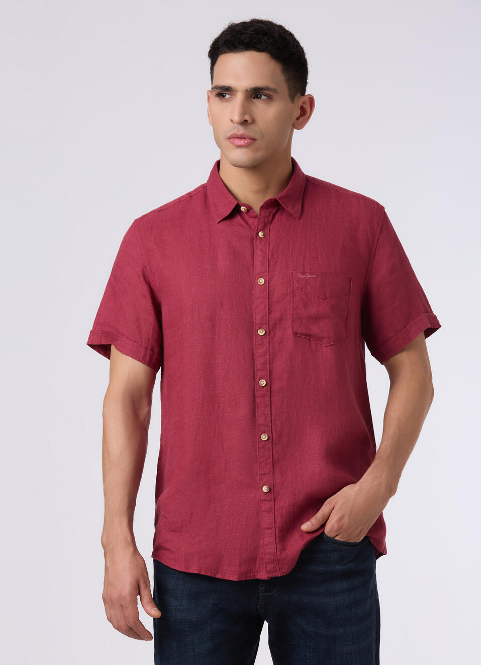 Men Wine Red Short Sleeve Linen Shirt, , large image number 1