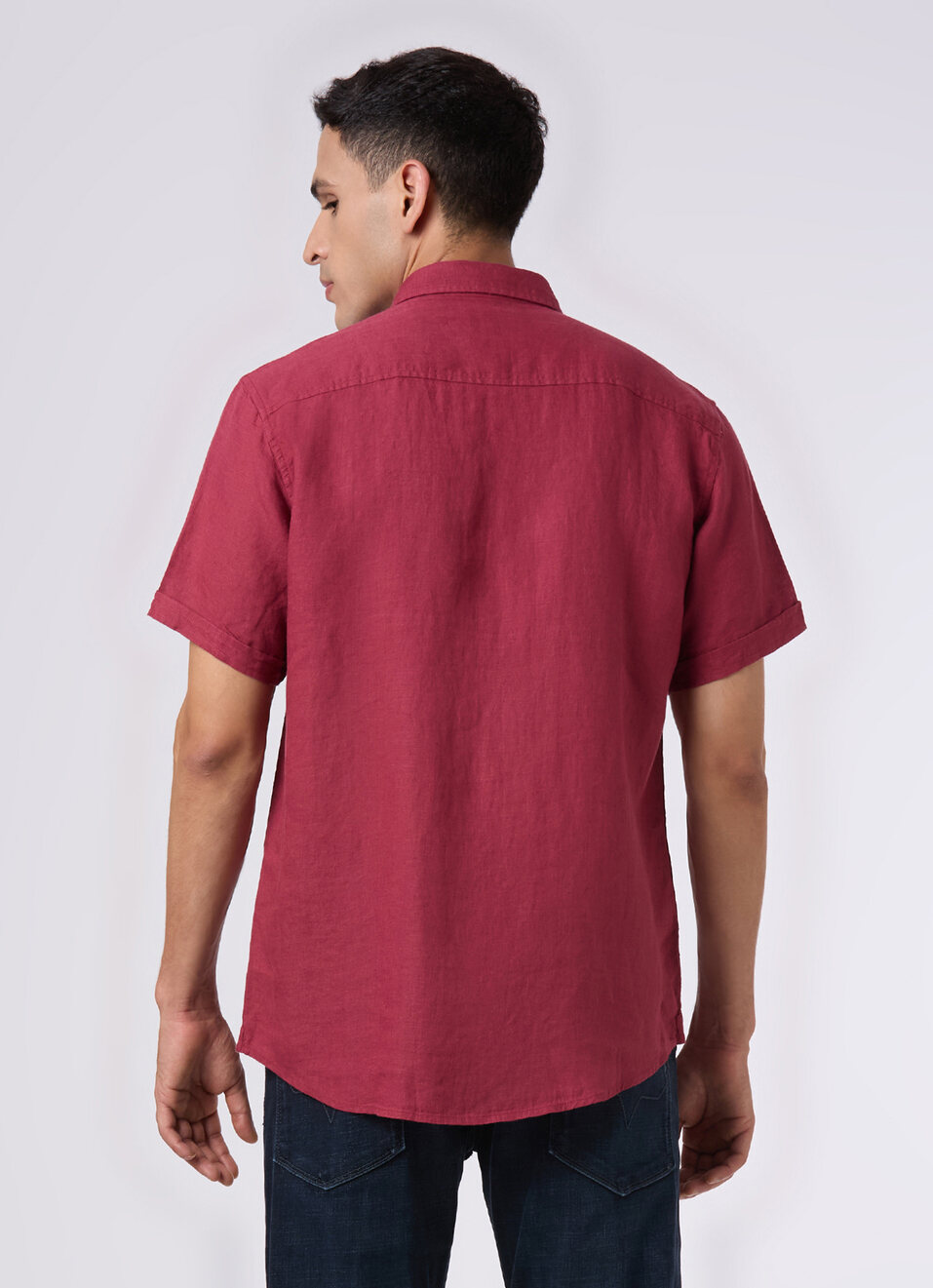 Men Wine Red Short Sleeve Linen Shirt, , large image number 2