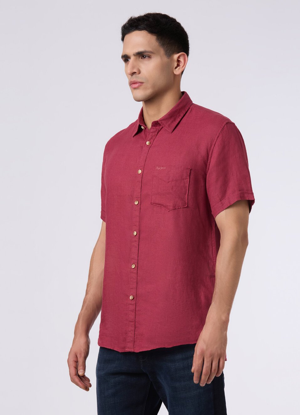 Men Wine Red Short Sleeve Linen Shirt, , large image number 3