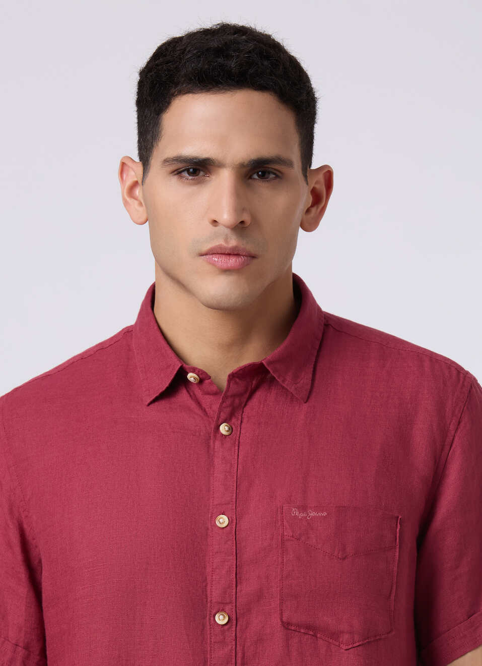 Men Wine Red Short Sleeve Linen Shirt, , large image number 4