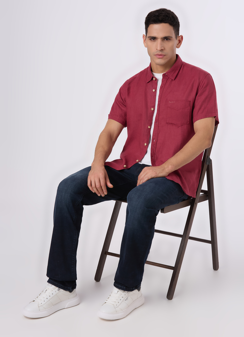 Men Wine Red Short Sleeve Linen Shirt, , large image number 5