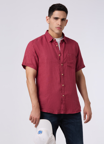 Men Wine Red Short Sleeve Linen Shirt