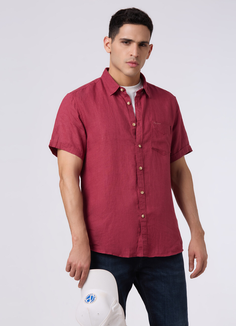Men Wine Red Short Sleeve Linen Shirt, , large image number 0