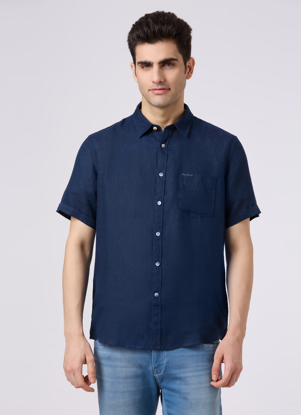 Men Blue Short Sleeve Linen Shirt, , large image number 1