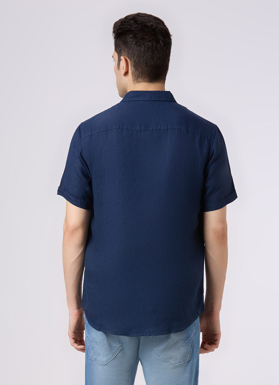 Men Blue Short Sleeve Linen Shirt, , large image number 2