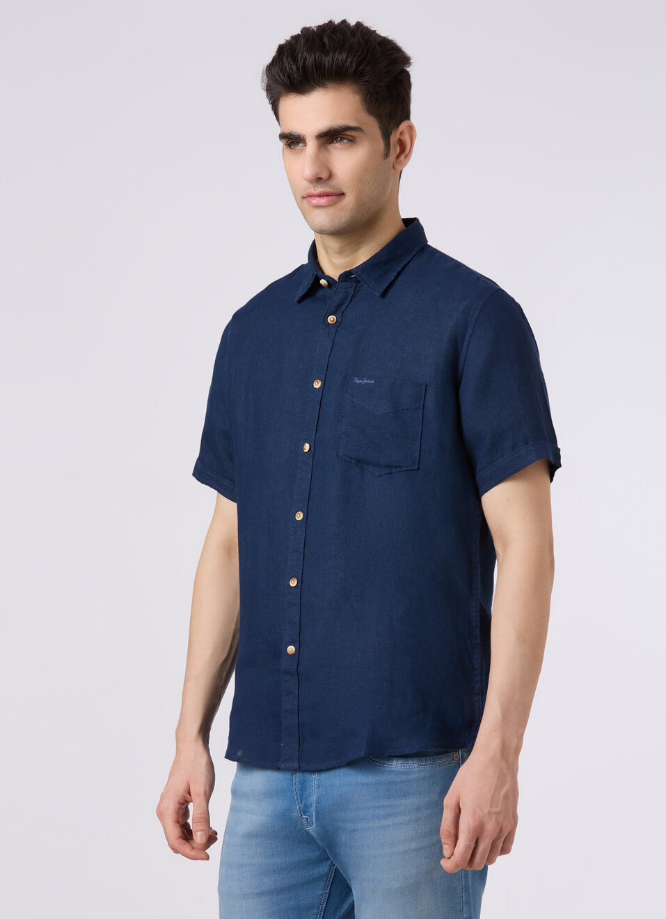 Men Blue Short Sleeve Linen Shirt, , large image number 3