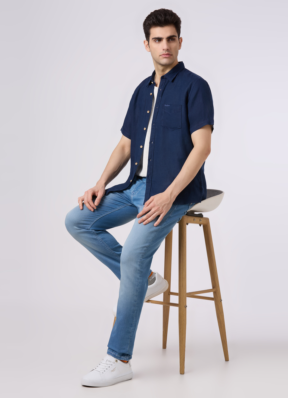 Men Blue Short Sleeve Linen Shirt, , large image number 5