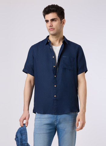 Men Blue Short Sleeve Linen Shirt