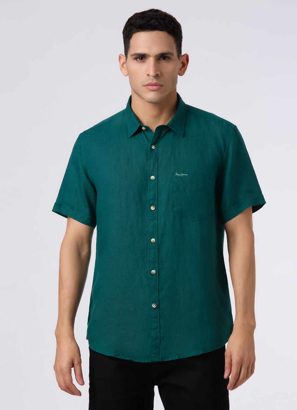 Men Green Short Sleeve Linen Shirt, , large image number 1