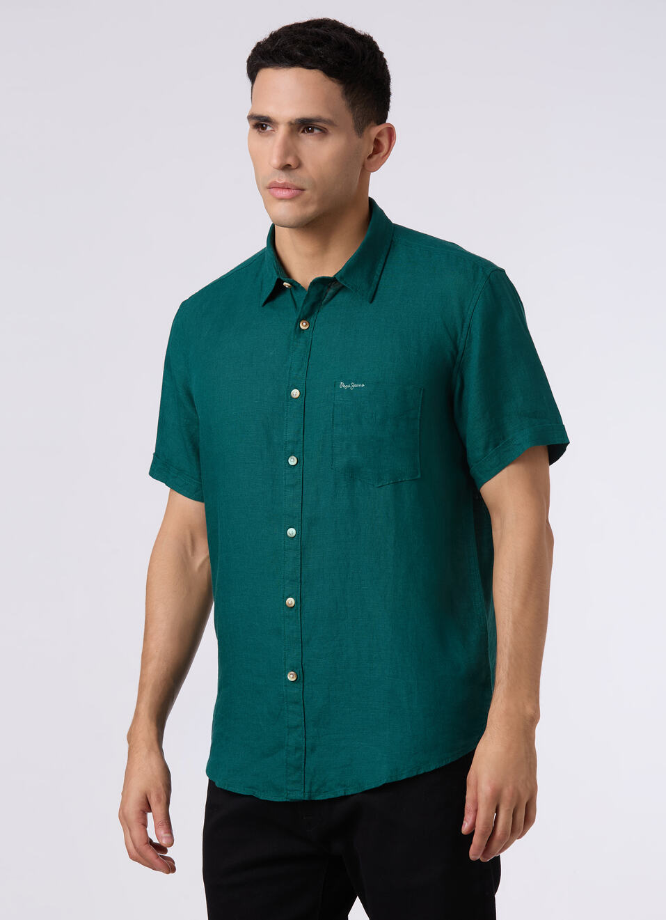 Men Green Short Sleeve Linen Shirt, , large image number 3