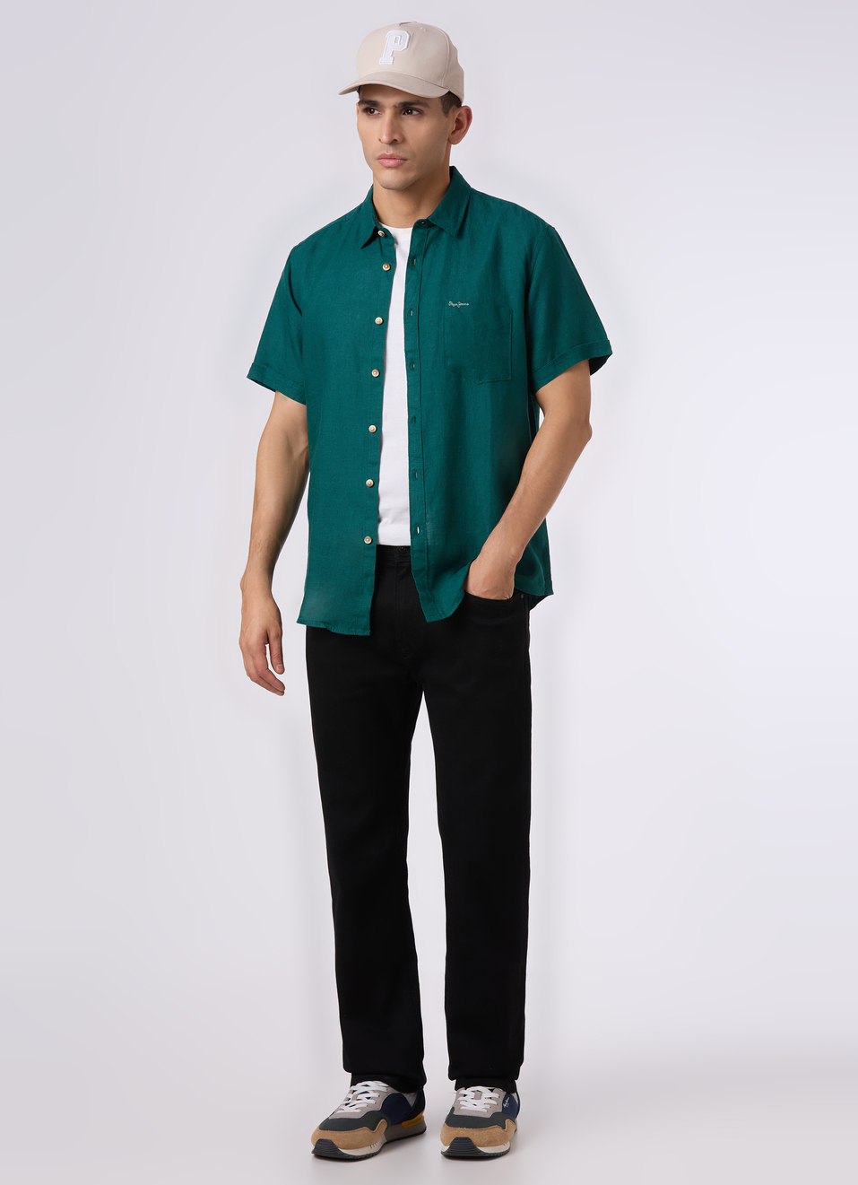 Men Green Short Sleeve Linen Shirt, , large image number 5