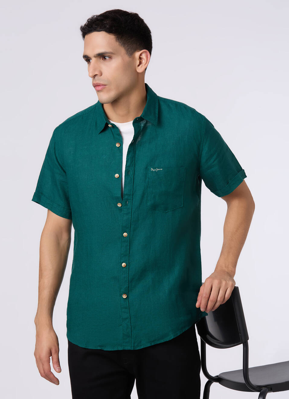 Men Green Short Sleeve Linen Shirt, , large image number 0