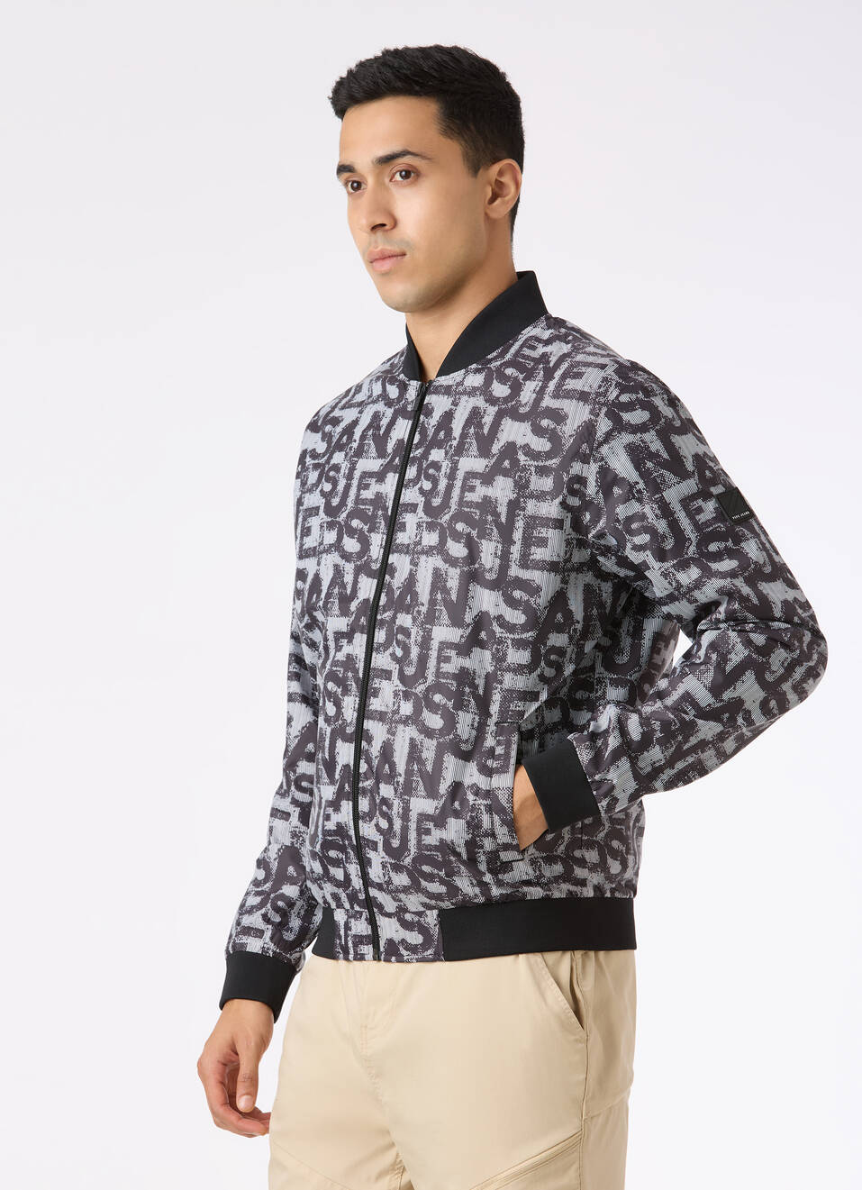 Men Black All Over Typographic Print Jacket, , large image number 3