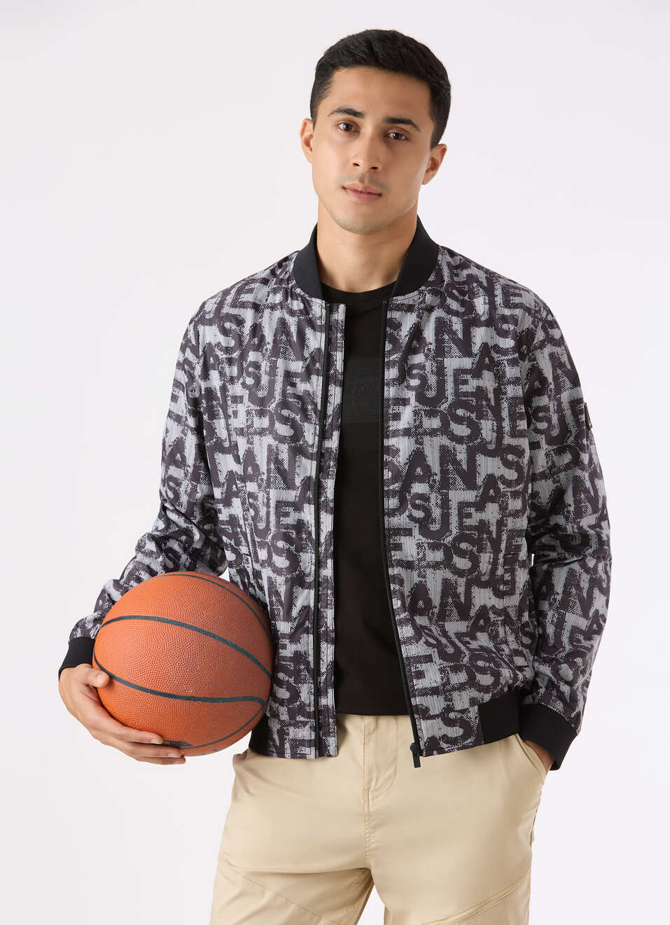 Men Black All Over Typographic Print Jacket, , large image number 0