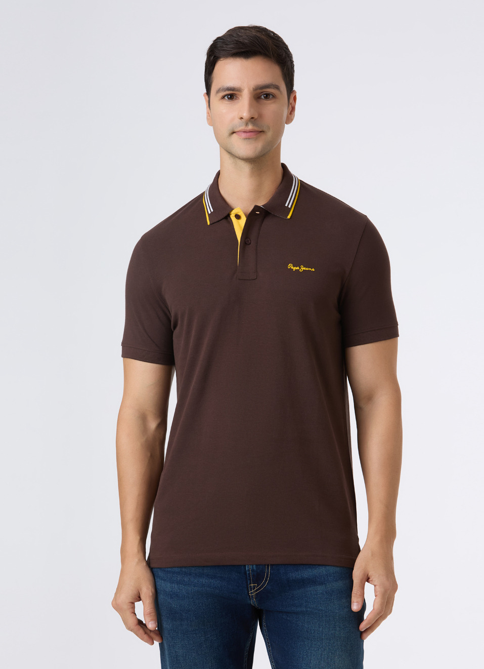 Men Brown Ribbed Collar Short Sleeve Polo, , large image number 1