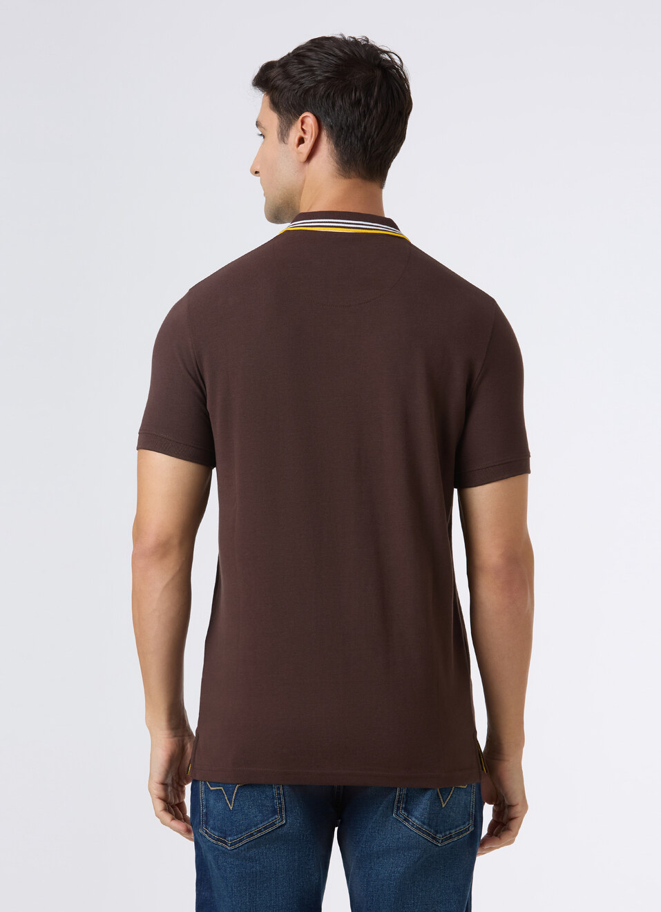 Men Brown Ribbed Collar Short Sleeve Polo, , large image number 2
