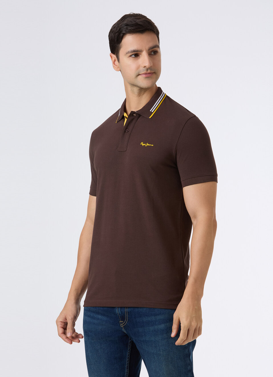 Men Brown Ribbed Collar Short Sleeve Polo, , large image number 3