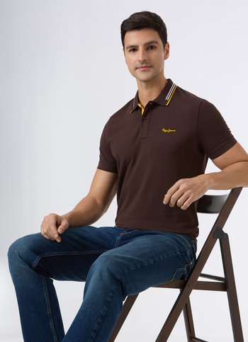 Men Brown Ribbed Collar Short Sleeve Polo