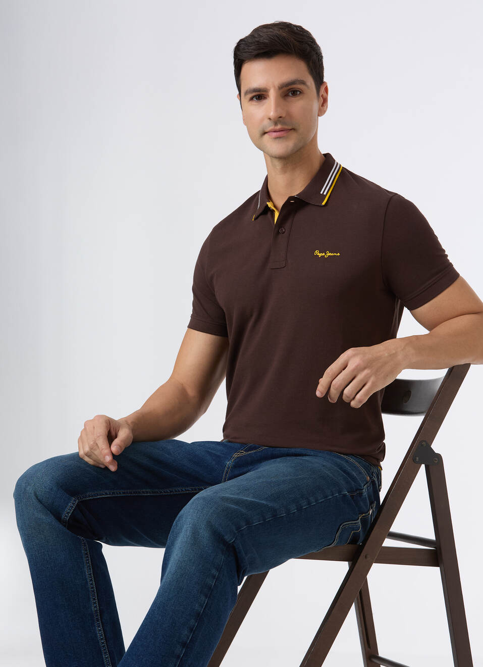 Men Brown Ribbed Collar Short Sleeve Polo, , large image number 0
