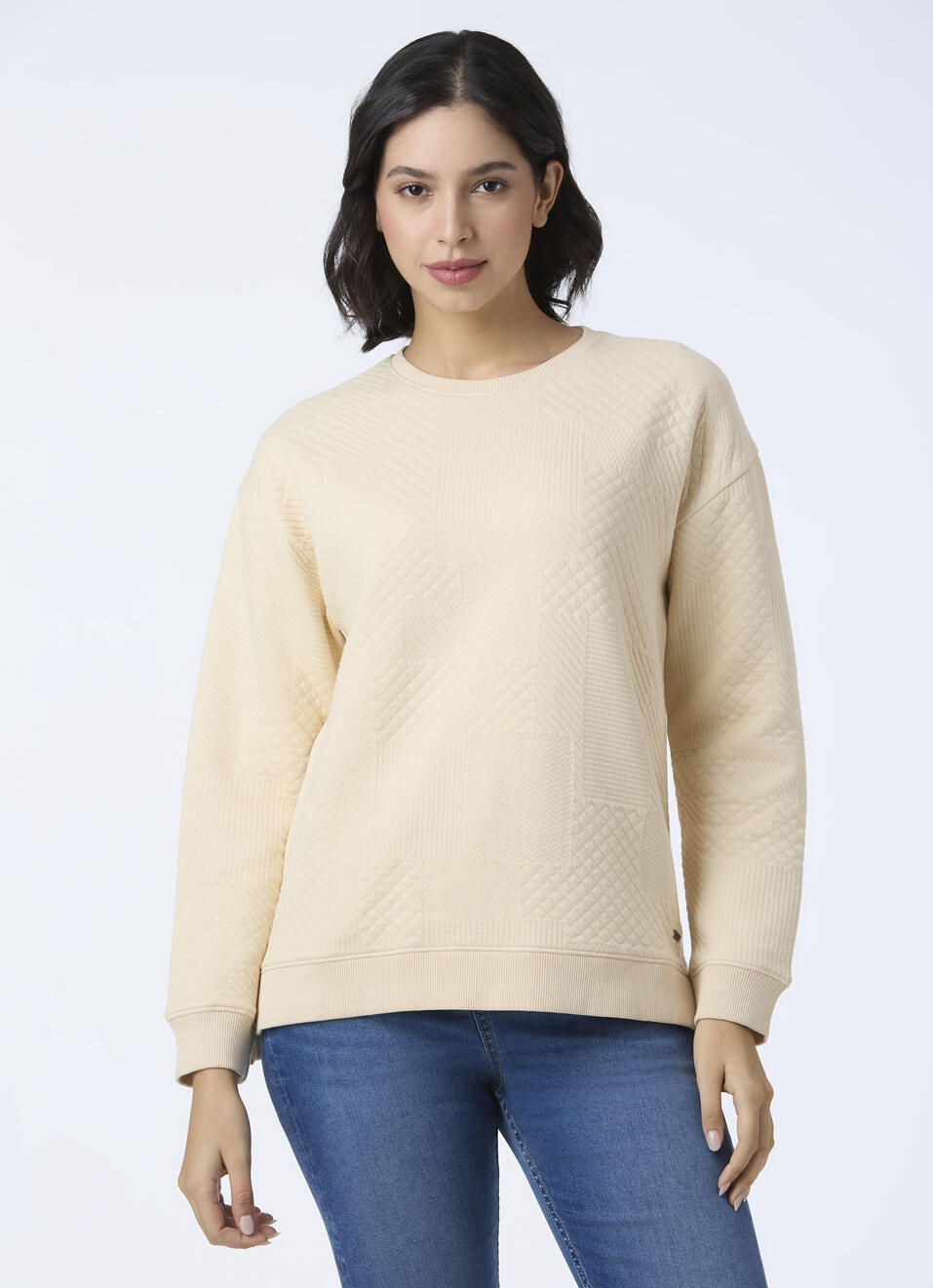 Women Beige Textured Patchwork Sweatshirt, , large image number 1