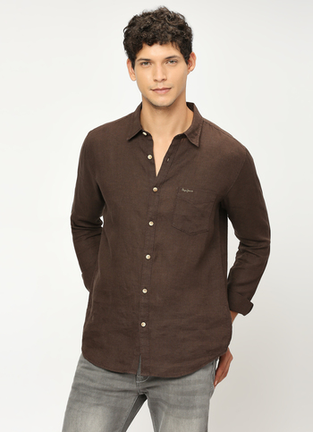 Men Brown Pure Linen Full Sleeve Shirt