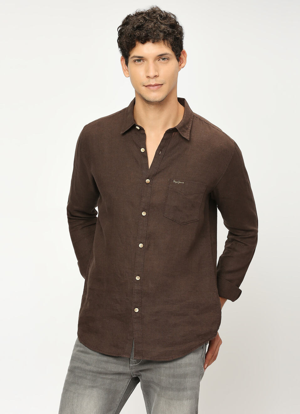 Men Brown Pure Linen Full Sleeve Shirt, , large image number 0
