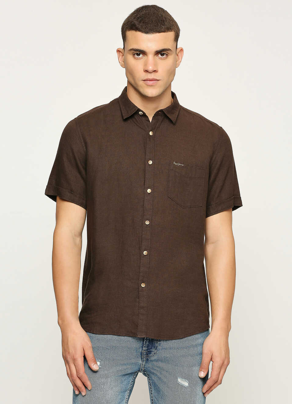 Men Brown Pure Linen Short Sleeve Shirt, , large image number 1