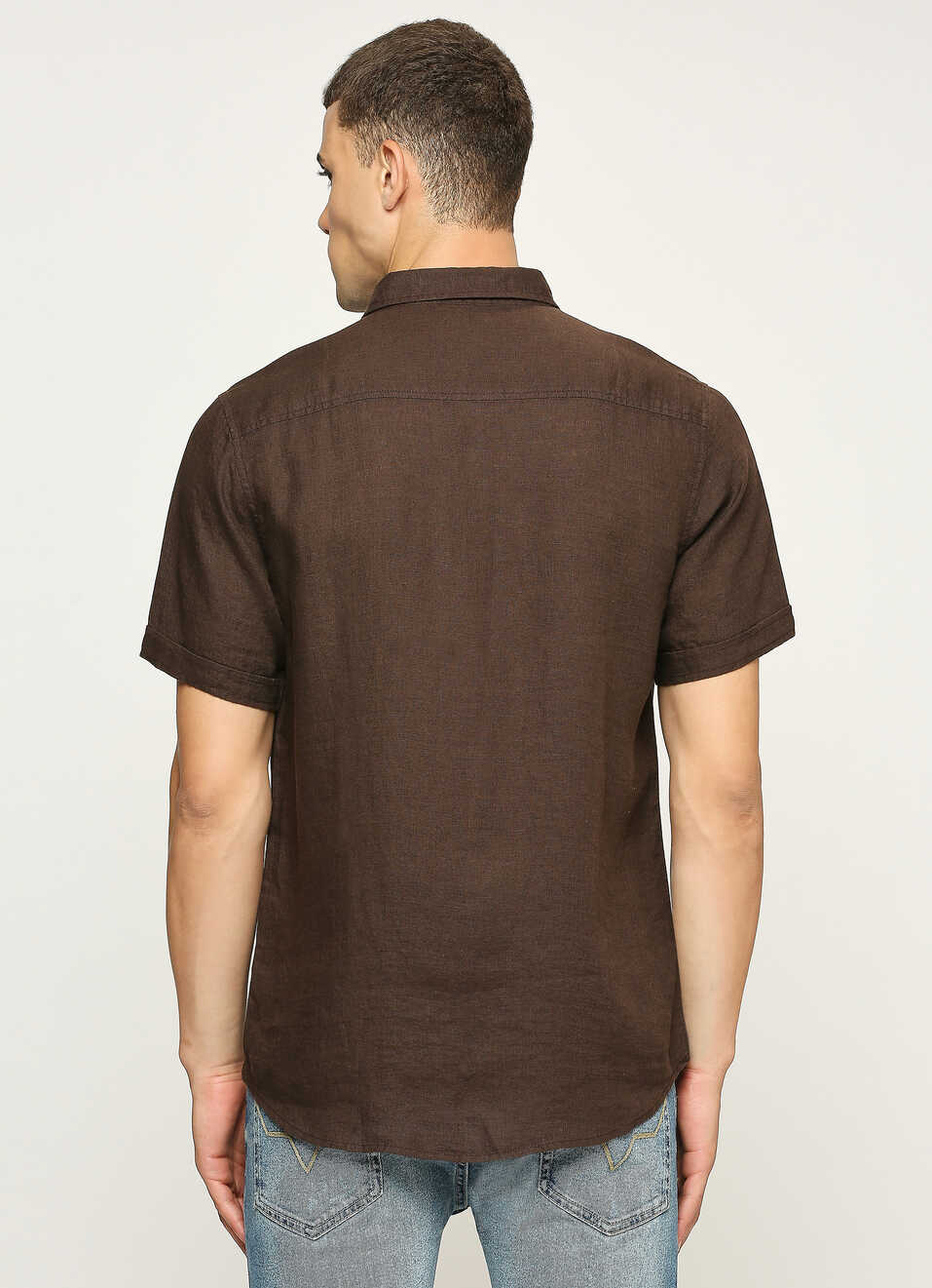 Men Brown Pure Linen Short Sleeve Shirt, , large image number 2