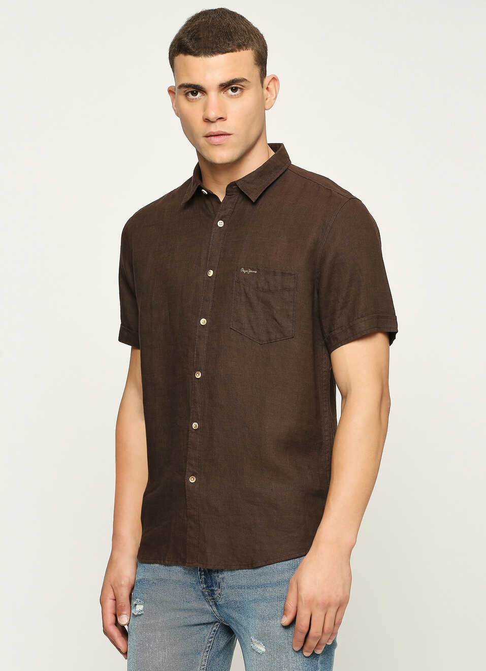 Men Brown Pure Linen Short Sleeve Shirt, , large image number 3