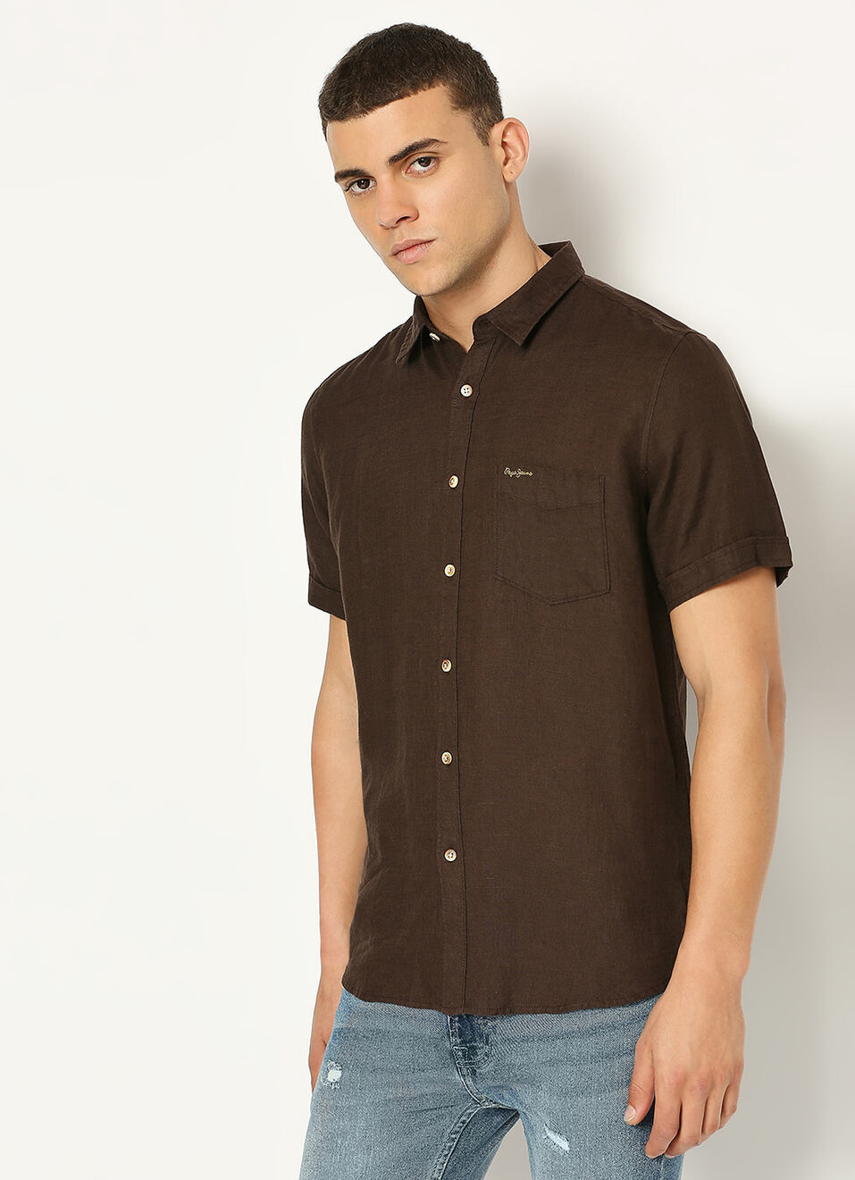 Men Brown Pure Linen Short Sleeve Shirt, , large image number 5