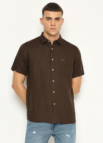 Men Brown Pure Linen Short Sleeve Shirt