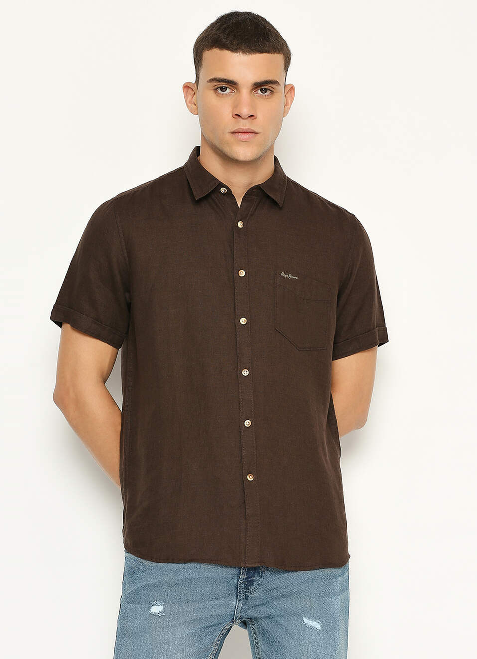 Men Brown Pure Linen Short Sleeve Shirt, , large image number 0